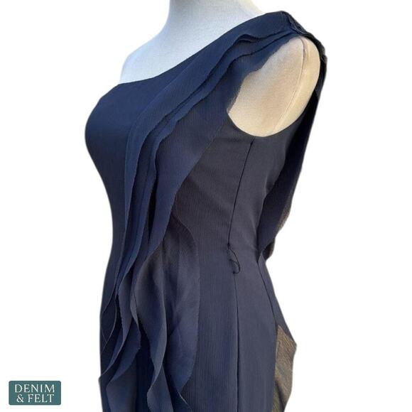 Vera Wang White Navy One Shoulder Ruffle Slit Formal Evening Gown Wedding Dress - Picture 5 of 13